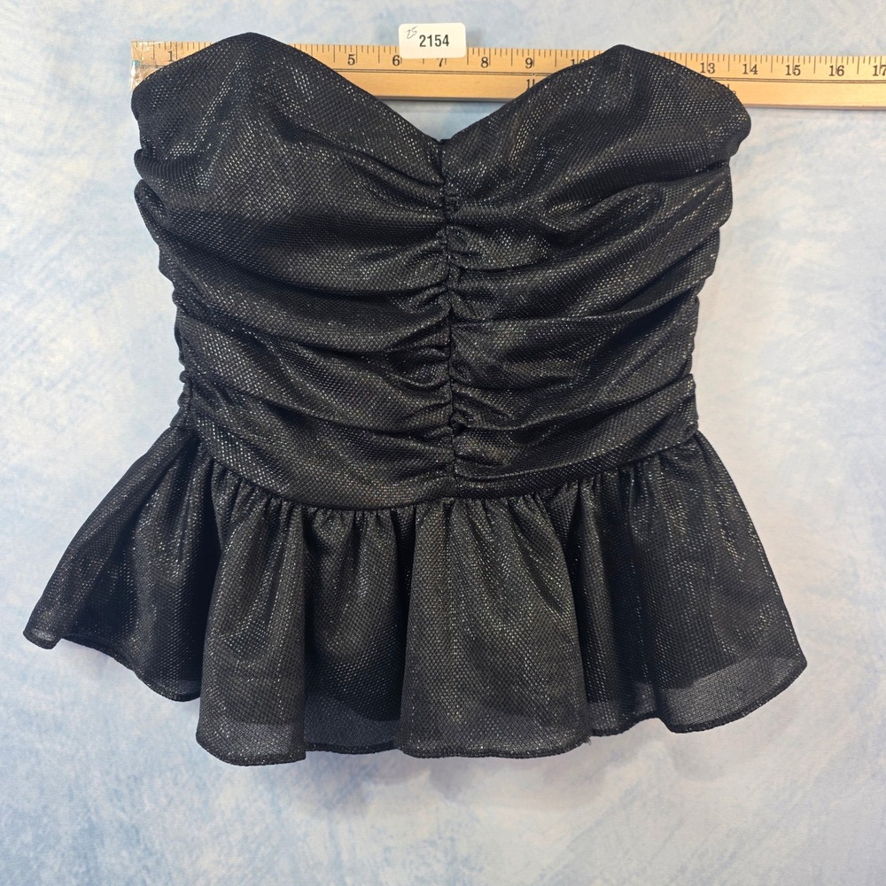 DO+BE Women Black Metallic Shimmer Strapless Ruched Peplum Top‎ Small Sweetheart